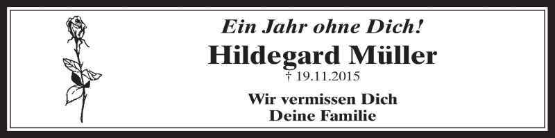  Traueranzeige für Hildegard Müller vom 16.11.2016 aus  Werbepost 