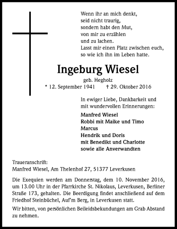 Anzeige von Ingeburg Wiesel von Kölner Stadt-Anzeiger / Kölnische Rundschau / Express
