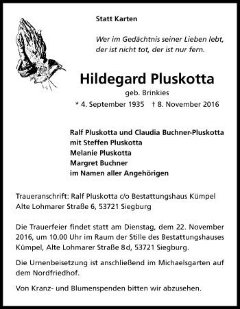 Anzeige von Hildegard Pluskotta von Kölner Stadt-Anzeiger / Kölnische Rundschau / Express