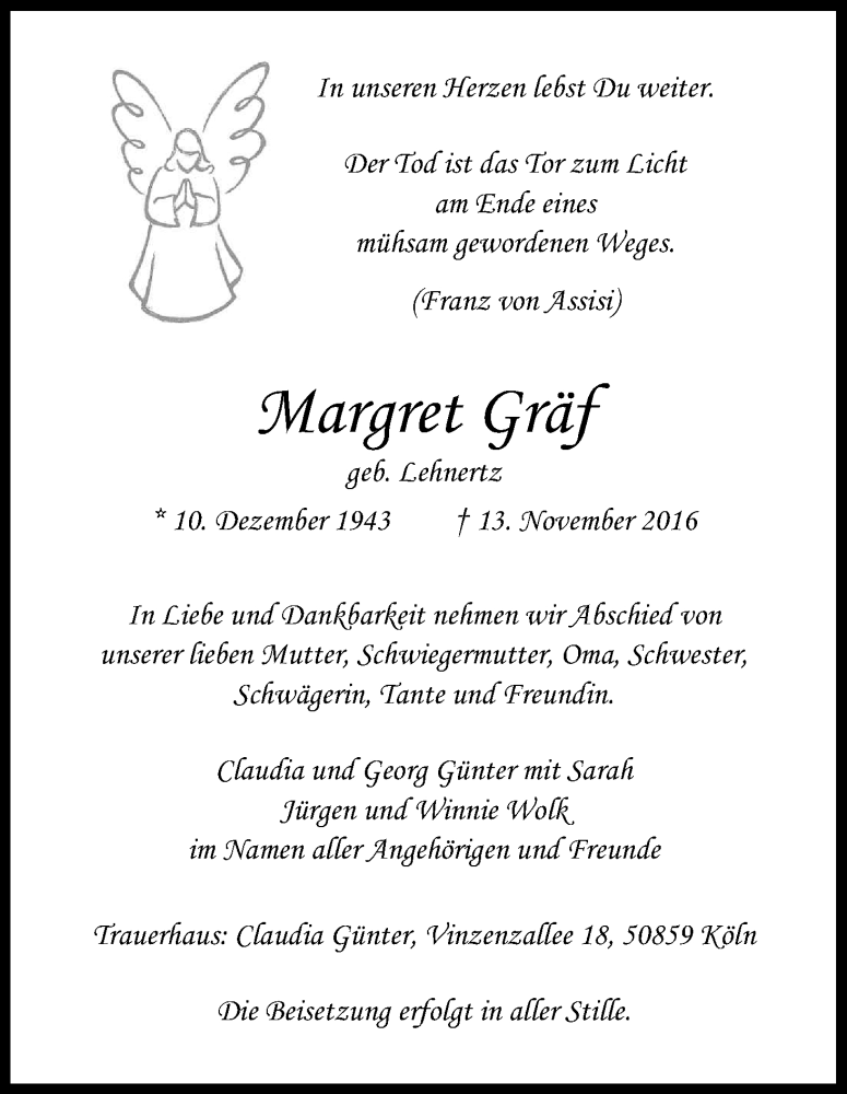  Traueranzeige für Margret Gräf vom 19.11.2016 aus Kölner Stadt-Anzeiger / Kölnische Rundschau / Express