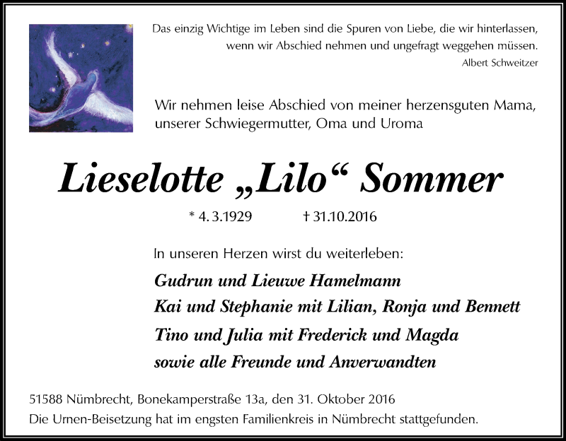  Traueranzeige für Lieselotte Sommer vom 05.11.2016 aus Kölner Stadt-Anzeiger / Kölnische Rundschau / Express