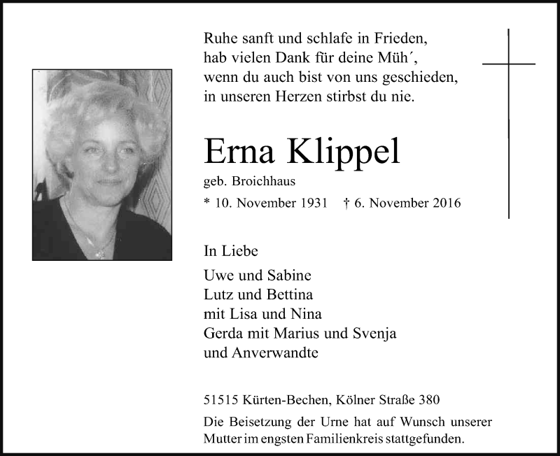  Traueranzeige für Erna Klippel vom 19.11.2016 aus Kölner Stadt-Anzeiger / Kölnische Rundschau / Express