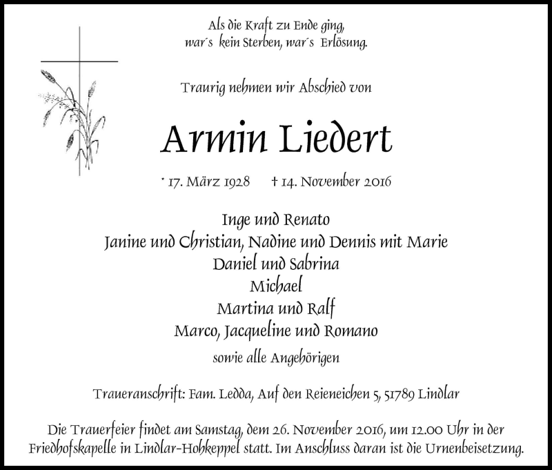  Traueranzeige für Armin Liedert vom 19.11.2016 aus Kölner Stadt-Anzeiger / Kölnische Rundschau / Express