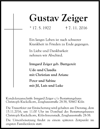 Anzeige von Gustav Zeiger von Kölner Stadt-Anzeiger / Kölnische Rundschau / Express