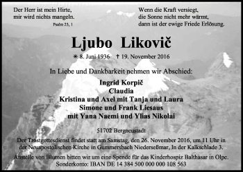 Anzeige von Ljubo Likovic von Kölner Stadt-Anzeiger / Kölnische Rundschau / Express