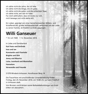 Anzeige von Willi Ganseuer von Kölner Stadt-Anzeiger / Kölnische Rundschau / Express