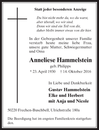 Anzeige von Anneliese Hammelstein von  Wochenende 