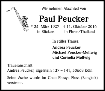 Anzeige von Paul Peucker von Kölner Stadt-Anzeiger / Kölnische Rundschau / Express