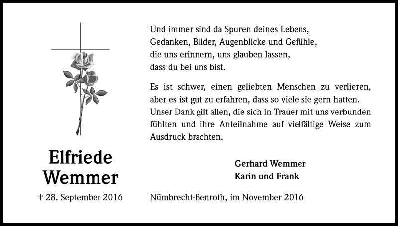  Traueranzeige für Elfriede Wemmer vom 16.11.2016 aus Kölner Stadt-Anzeiger / Kölnische Rundschau / Express