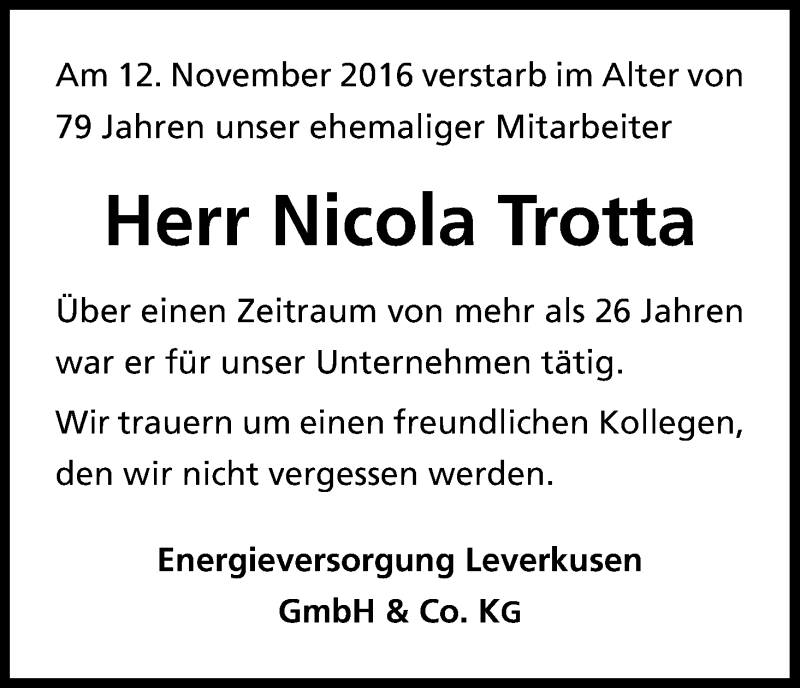  Traueranzeige für Nicola Trotta vom 26.11.2016 aus Kölner Stadt-Anzeiger / Kölnische Rundschau / Express