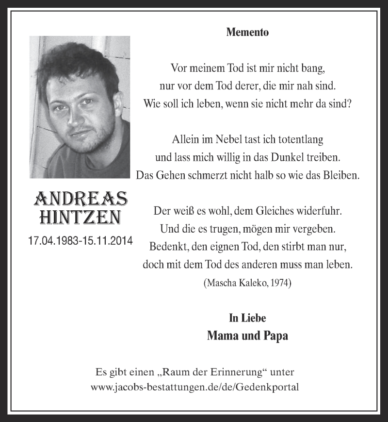  Traueranzeige für Andreas Hintzen vom 16.11.2016 aus  Werbepost 