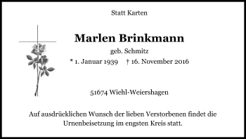 Anzeige von Marlen Brinkmann von Kölner Stadt-Anzeiger / Kölnische Rundschau / Express
