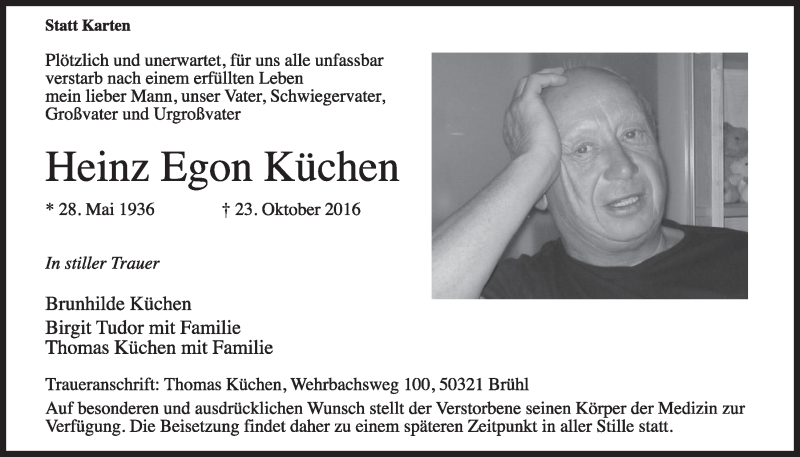  Traueranzeige für Heinz Egon Küchen vom 02.11.2016 aus  Schlossbote/Werbekurier 