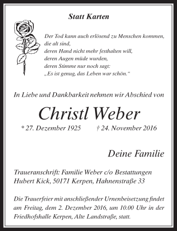 Anzeige von Christl Weber von  Werbepost 