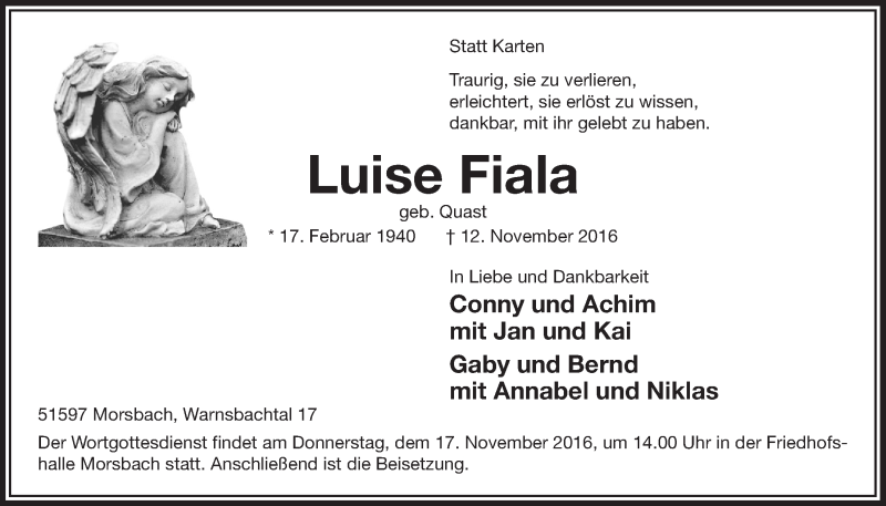  Traueranzeige für Luise Fiala vom 16.11.2016 aus  Lokalanzeiger 