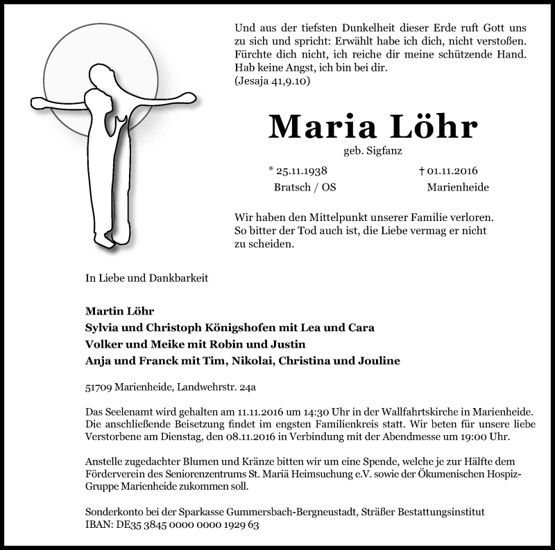  Traueranzeige für Maria Löhr vom 05.11.2016 aus Kölner Stadt-Anzeiger / Kölnische Rundschau / Express