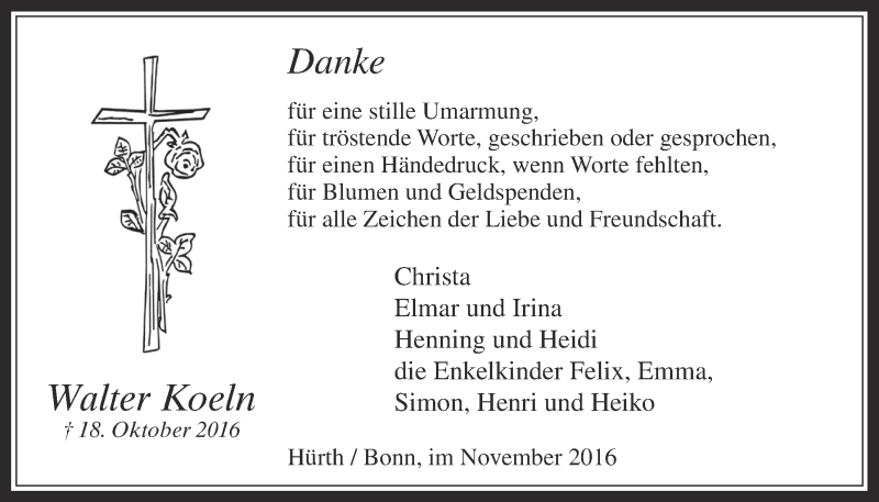  Traueranzeige für Walter Koeln vom 30.11.2016 aus  Wochenende 