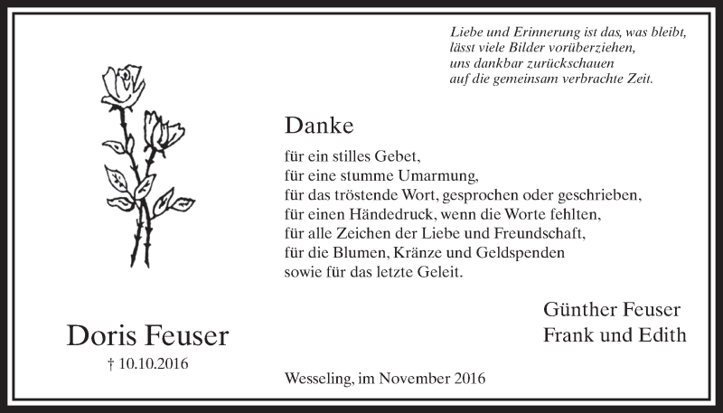  Traueranzeige für Doris Feuser vom 30.11.2016 aus  Schlossbote/Werbekurier 
