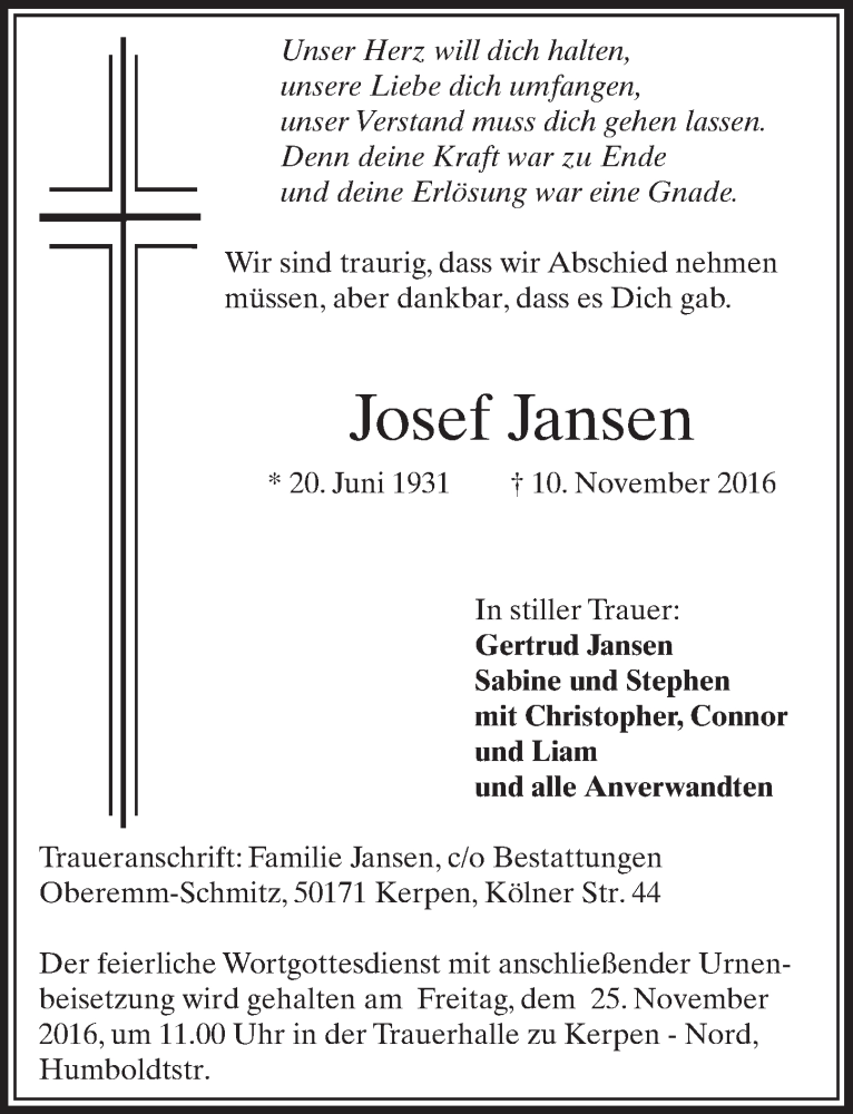  Traueranzeige für Josef Jansen vom 19.11.2016 aus  Sonntags-Post 