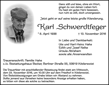 Anzeige von Karl Schwerdtfeger von Kölner Stadt-Anzeiger / Kölnische Rundschau / Express