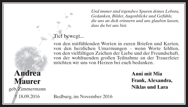  Traueranzeige für Andrea Maurer vom 09.11.2016 aus  Werbepost 