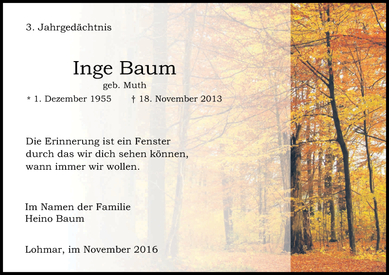  Traueranzeige für Inge Baum vom 18.11.2016 aus Kölner Stadt-Anzeiger / Kölnische Rundschau / Express