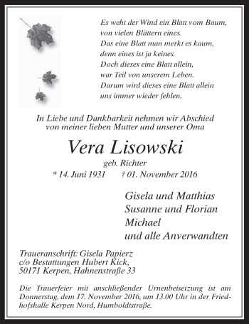 Anzeige von Vera Lisowski von  Werbepost 