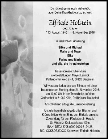 Anzeige von Elfriede Hofstein von Kölner Stadt-Anzeiger / Kölnische Rundschau / Express