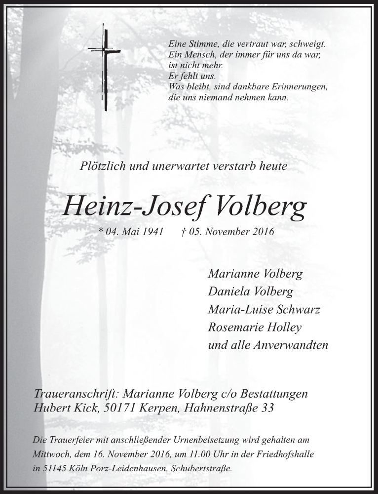  Traueranzeige für Heinz-Josef Volberg vom 12.11.2016 aus  Sonntags-Post 