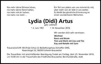 Anzeige von Lydia Artus von Kölner Stadt-Anzeiger / Kölnische Rundschau / Express