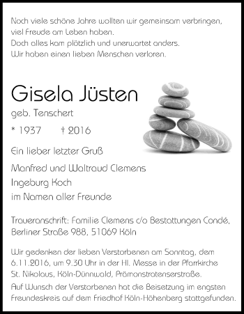 Anzeige von Gisela Jüsten von Kölner Stadt-Anzeiger / Kölnische Rundschau / Express