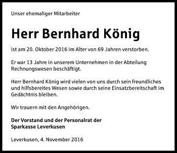 Anzeige von Bernhard König von Kölner Stadt-Anzeiger / Kölnische Rundschau / Express