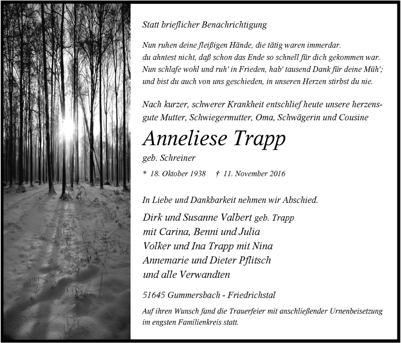  Traueranzeige für Anneliese Trapp vom 23.11.2016 aus  Anzeigen Echo 
