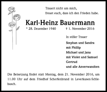 Anzeige von Karl-Heinz Bauermann von Kölner Stadt-Anzeiger / Kölnische Rundschau / Express