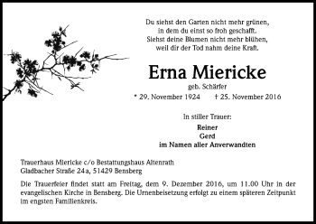 Anzeige von Erna Miericke von Kölner Stadt-Anzeiger / Kölnische Rundschau / Express
