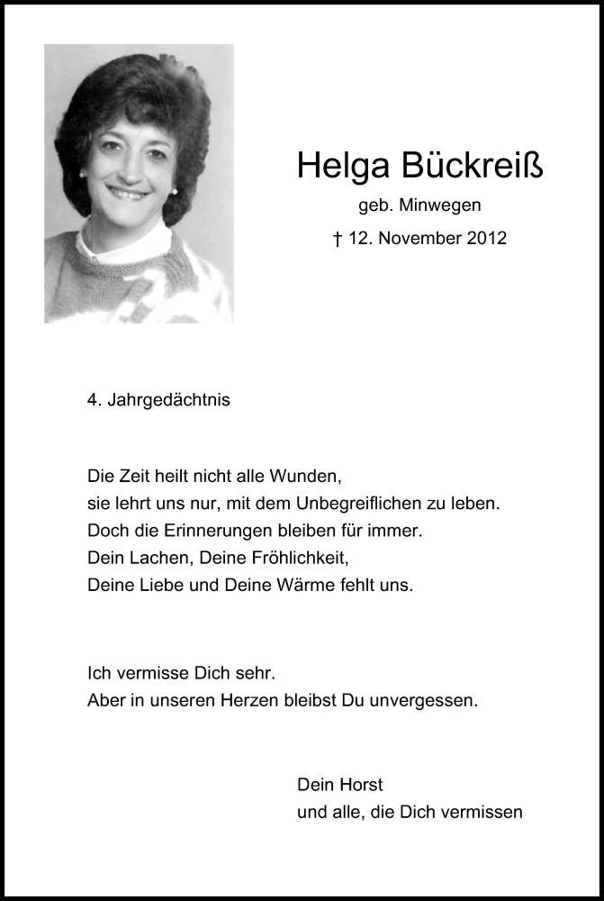  Traueranzeige für Helga Bückreiß vom 12.11.2016 aus Kölner Stadt-Anzeiger / Kölnische Rundschau / Express
