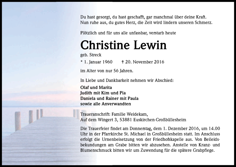  Traueranzeige für Christine Lewin vom 29.11.2016 aus Kölner Stadt-Anzeiger / Kölnische Rundschau / Express