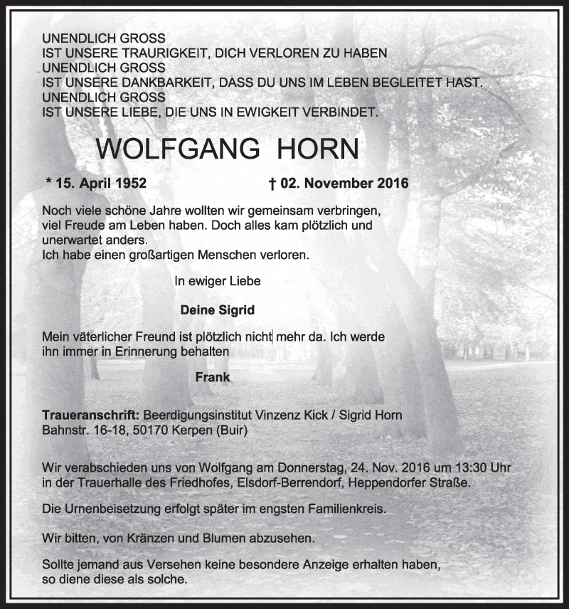  Traueranzeige für Wolfgang  Horn vom 19.11.2016 aus  Sonntags-Post 