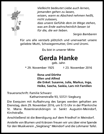 Anzeige von Gerda Hanke von Kölner Stadt-Anzeiger / Kölnische Rundschau / Express
