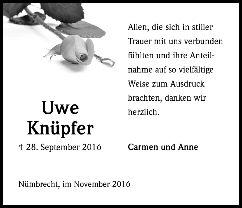  Traueranzeige für Uwe Knüpfer vom 12.11.2016 aus Kölner Stadt-Anzeiger / Kölnische Rundschau / Express