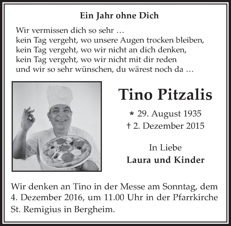  Traueranzeige für Tino Pitzalis vom 30.11.2016 aus  Werbepost 