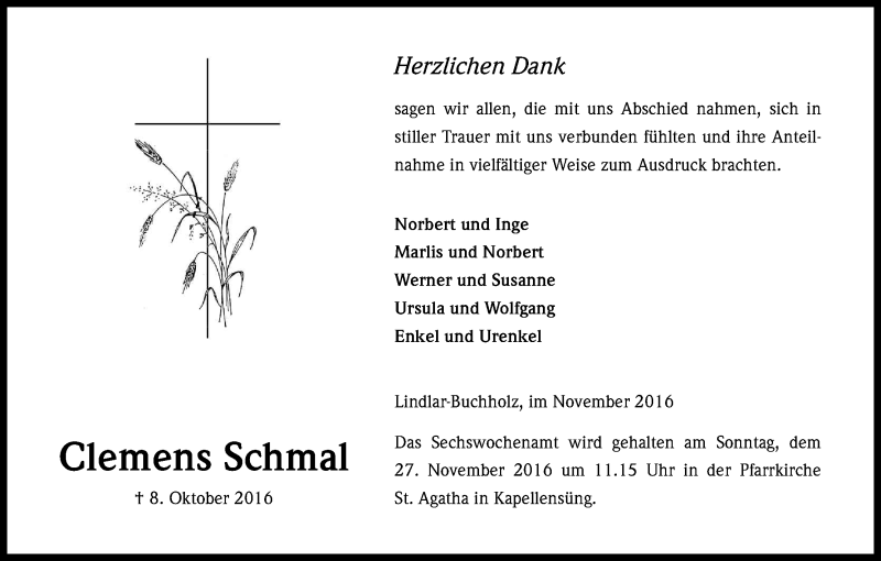  Traueranzeige für Clemens Schmal vom 24.11.2016 aus Kölner Stadt-Anzeiger / Kölnische Rundschau / Express
