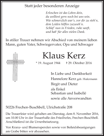 Anzeige von Klaus Kerz von  Sonntags-Post 