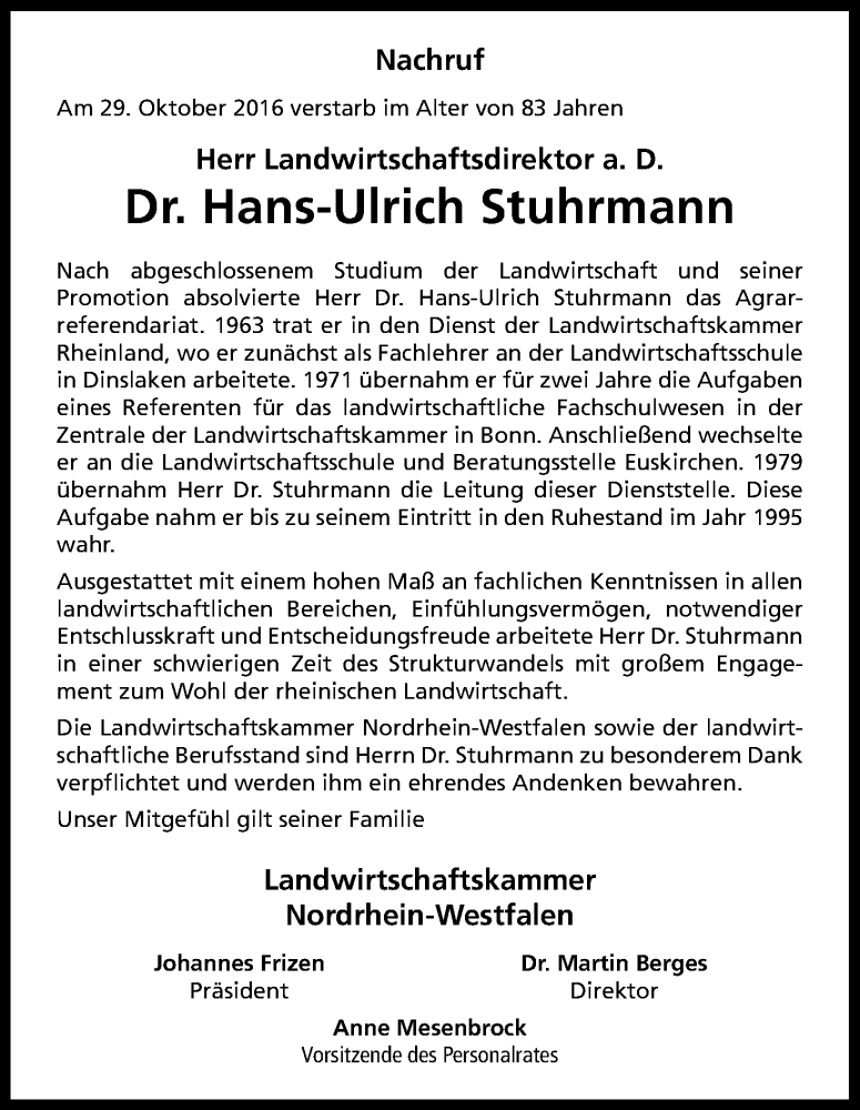  Traueranzeige für Hans-Ulrich Stuhrmann vom 09.11.2016 aus Kölner Stadt-Anzeiger / Kölnische Rundschau / Express