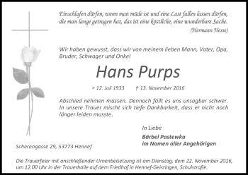 Anzeige von Hans Purps von Kölner Stadt-Anzeiger / Kölnische Rundschau / Express