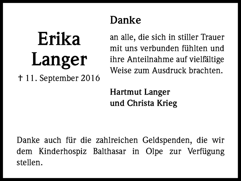  Traueranzeige für Erika Langer vom 19.11.2016 aus Kölner Stadt-Anzeiger / Kölnische Rundschau / Express