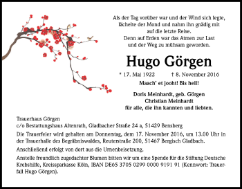 Anzeige von Hugo Görgen von Kölner Stadt-Anzeiger / Kölnische Rundschau / Express