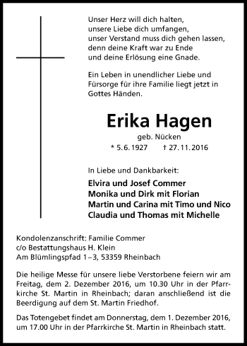 Anzeige von Erika Hagen von Kölner Stadt-Anzeiger / Kölnische Rundschau / Express