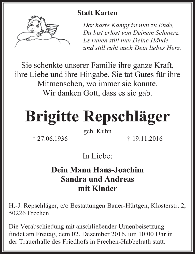  Traueranzeige für Brigitte Repschläger vom 30.11.2016 aus  Wochenende 