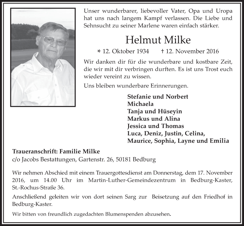  Traueranzeige für Helmut Milke vom 16.11.2016 aus  Wochenende  Werbepost 